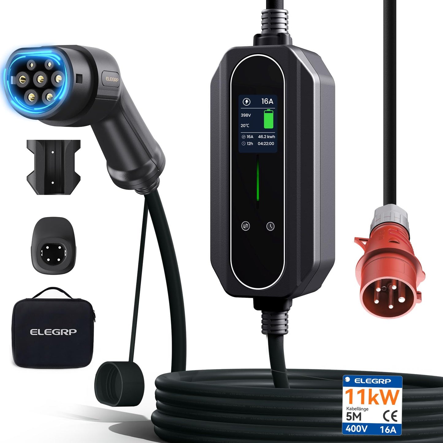 ELEGRP 11kW Mobile Wallbox with Type 2 Charging Cable, 3-Phase EV Charger