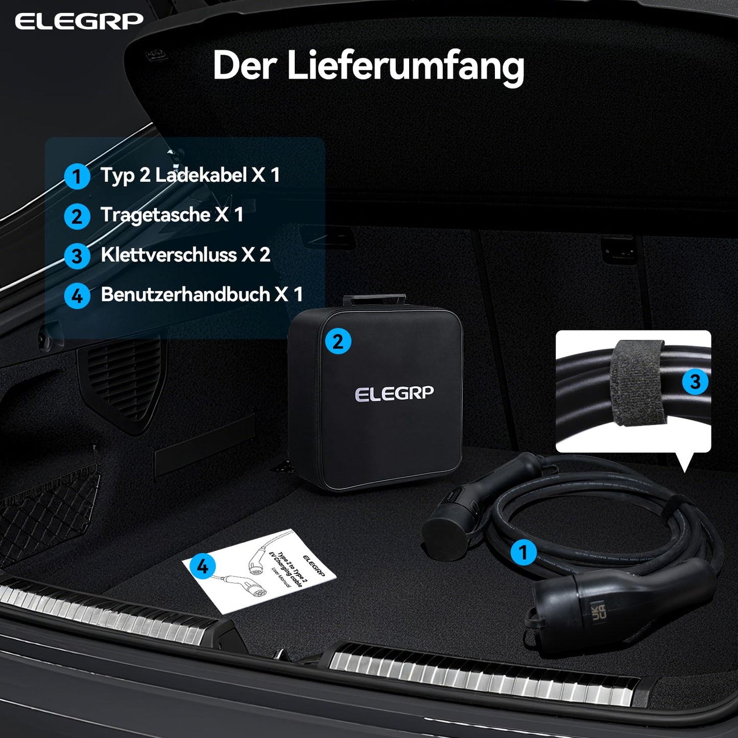 ELEGRP Type 2 Charging Cable, 11kW 5M 16A 3-Phase, Type 2 to Type 2