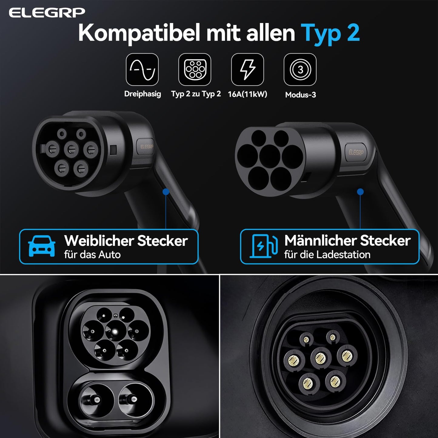 ELEGRP Type 2 Charging Cable, 11kW 5M 16A 3-Phase, Type 2 to Type 2