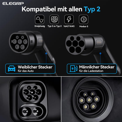 ELEGRP Type 2 Charging Cable, 11kW 5M 16A 3-Phase, Type 2 to Type 2