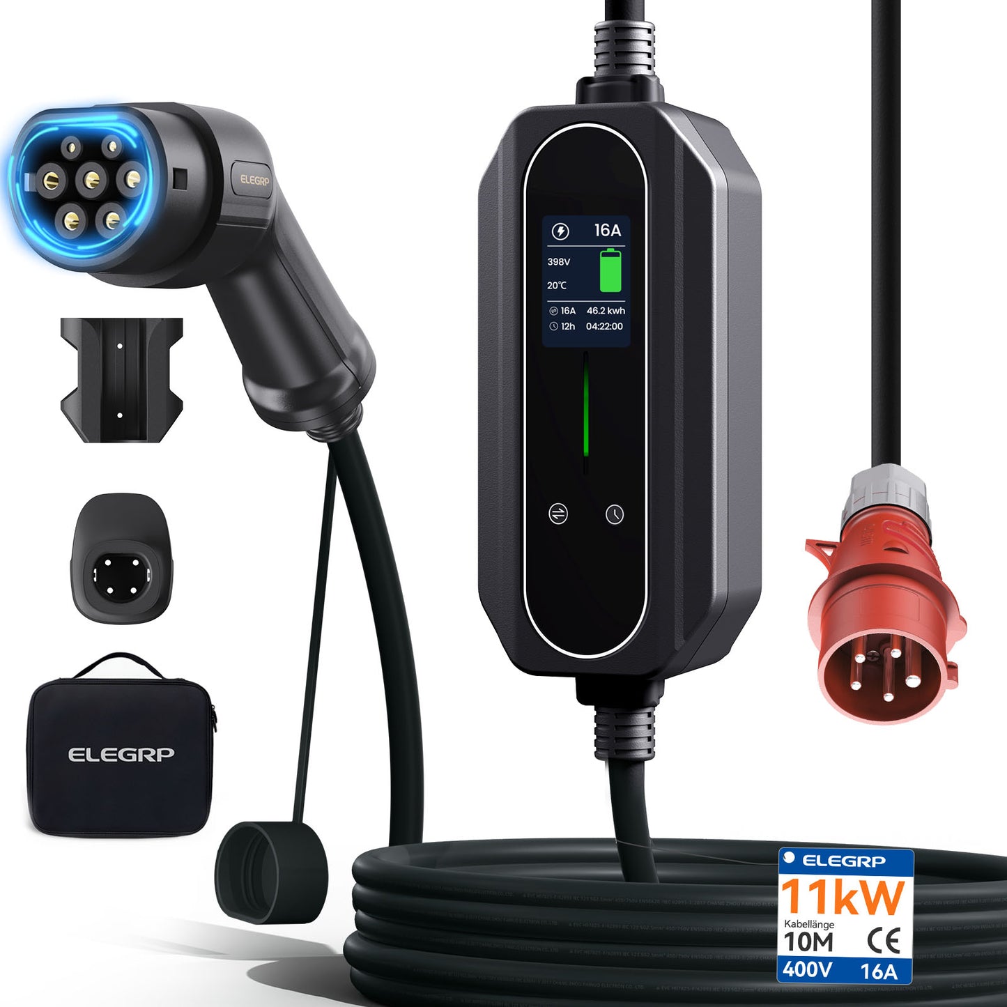 ELEGRP 11kW Mobile Wallbox with Type 2 Charging Cable, 3-Phase EV Charger